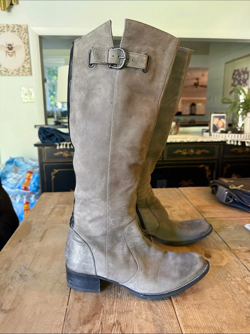 Women's Tall Taupe Riding Boots with Buckle Accent